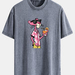 Vacation Pink Panther Print Washed Distressed Drop Shoulder T-Shirt