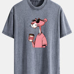 Pink Panther Drinking Coffee Print Washed Distressed Drop Shoulder T-Shirt
