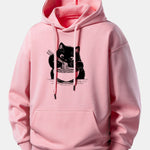 Black Cat Ramen Print Relax Fit Hoodie