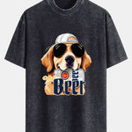 Beer Dog Print Washed Distressed Drop Shoulder T-Shirt