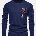 Long Sleeve Pocket Santa Print Cotton T-Shirt