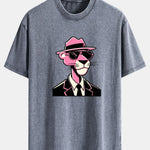 Pink Gentleman Panther Print Washed Distressed Drop Shoulder T-Shirt