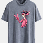 Pink Panther With V Sign Print Washed Distressed Drop Shoulder T-Shirt