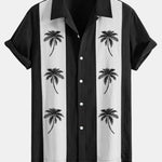 Palm Tree Print Linen Look Patchwork Bowling Shirt