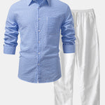 Seersucker Striped Button Up Shirt & Straight Leg Linen Pants
