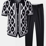 Retro Rhombus Geometric Knit Shirt & Slim Fit Tapered Trousers
