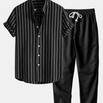 Cotton Blend Striped Stand Collar Shirt & Straight Leg Linen Pants