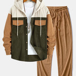 Relax Fit Corduroy Patchwork Hooded Shirt With Pockets & Straight Leg Corduroy Pants