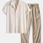 Knitted Geometric Rhombus Jacquard Cuban Shirt & Crinkle Textured Straight Leg Pants