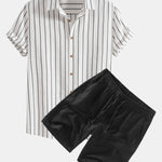 Cotton Blend Striped Button Up Shirt & Linen Drawstring Shorts