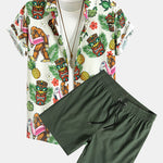 Tropical Tiki Bigfoot Print Button Up Shirt & Solid Drawstring Swim Shorts