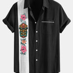 Tiki Tribe Hawaii Print Linen Look Contrast Button Up Shirt