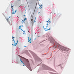 Coral Anchor Print Button Up Shirt & Swim Shorts