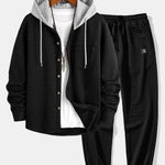 Contrast Waffle Hooded Shirt & Drawstring Waffle Jogger Pants