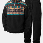 Relax Fit Quarter Zip Ethnic Geometric Patchwork Teddy Sweatshirt & Corduroy Jogger Pants