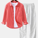Long Sleeve Linen Cotton Shirt With Pocket & Straight Leg Linen Pants