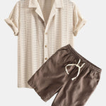 Floral Jacquard Textured Cuban Shirt & Linen Cotton Blend Drawstring Shorts