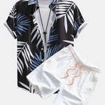 Tropical Leaves Print Button Up Shirt & Swim Shorts