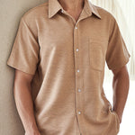 Men's Solid Color Textured Button-Down Short Sleeve Shirt