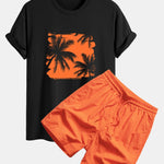Regular Fit Palm Trees Silhouette Print Cotton T-Shirt & Swim Shorts