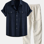Textured Button Up Shirt With Two Pockets & Straight Leg Linen Pants