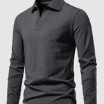 Men's Retro Solid Color V-Neck Lapel POLO Long Sleeve T-Shirt