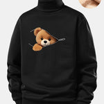 Zipper Bear Print Teddy Fleece Lined Turtle Neck Sweatshirt