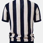 Striped Eyelet Knit Zip Up Polo Shirt