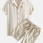 Floral Checkerboard Jacquard Cuban Shirt & Linen Cotton Blend Drawstring Shorts