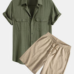 Linen Rayon Blend Pocket Utility Shirt & Crinkled Textured Drawstring Shorts