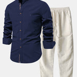 Long Sleeve Linen Look Stand Collar Shirt & Straight Leg Linen Pants