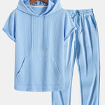 Kangaroo Pocket Ribbed Hooded T-Shirt & Straight Leg Ribbed Pants