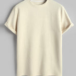 Geometric jacquard round neck T-shirt + shorts 2-piece set-Beige