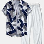 Color Block Geometry Print Button Up Shirt & Wrinkle Textured Straight Leg Pants