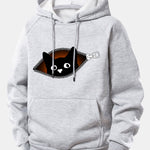 Zipper Black Cat Print Drawstring Hoodie