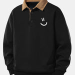 Relax Fit Smiley Face Print Contrast Corduroy Polo Collar Sweatshirt