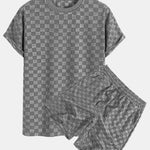 Relax Fit Checkerboard Jacquard Casual T-Shirt & Shorts Set