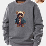 Bear In Leather Jacket Print Teddy Fleece Lined Sweatshirt
