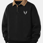 Relax Fit Head Deer Print Contrast Corduroy Polo Collar Sweatshirt