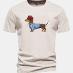 Regular Fit Dachshund Wearing Striped Sweater Print Cotton T-Shirt