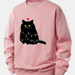 Christmas Lights Black Cat Print Relax Fit Sweatshirt