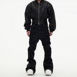 Dark Waxed Coated Ribbon Slightly Flared Mopping Stacked Denim Trousers