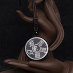 Buddha Stones Black Obsidian Taoism Five Sacred Mountains Nine-Character Mantra Carved Purification Yin Yang Necklace Pendant