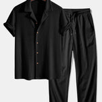 Short Sleeve Knitted Waffle Cuban Shirt & Crinkle Textured Straight Leg Pants