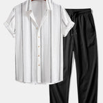 Geometric Striped Jacquard Button Up Shirt & Crinkle Textured Straight Leg Pants