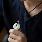 Buddha Stones Natural Round Jade Peace Buckle Luck Prosperity Necklace Pendant