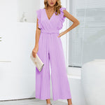 Zeagoo Women's Casual Loose Jumpsuit V Neck Sleeveless Solid Ruffle Pleated Wide-leg Long Playsuit with Belt