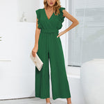 Zeagoo Women's Casual Loose Jumpsuit V Neck Sleeveless Solid Ruffle Pleated Wide-leg Long Playsuit with Belt