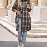 Zeagoo Plaid Longline Button-Up Shacket Lapel Neck Long Sleeve Shirt Pocket