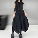 V-neck Gauze Vest Asymmetric Pleated Loose Curved Skirt